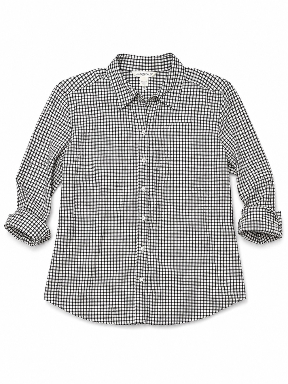Allison Daley Black White Gingham Shirt 16 - Button Up 3/4 Roll Tab Sleeve